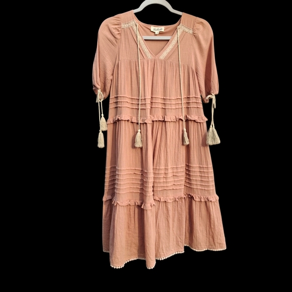 Listicle Tassel Tie Tiered Midi Flowy Boho Cotton Pink Dress Women Size Small - Picture 3 of 16